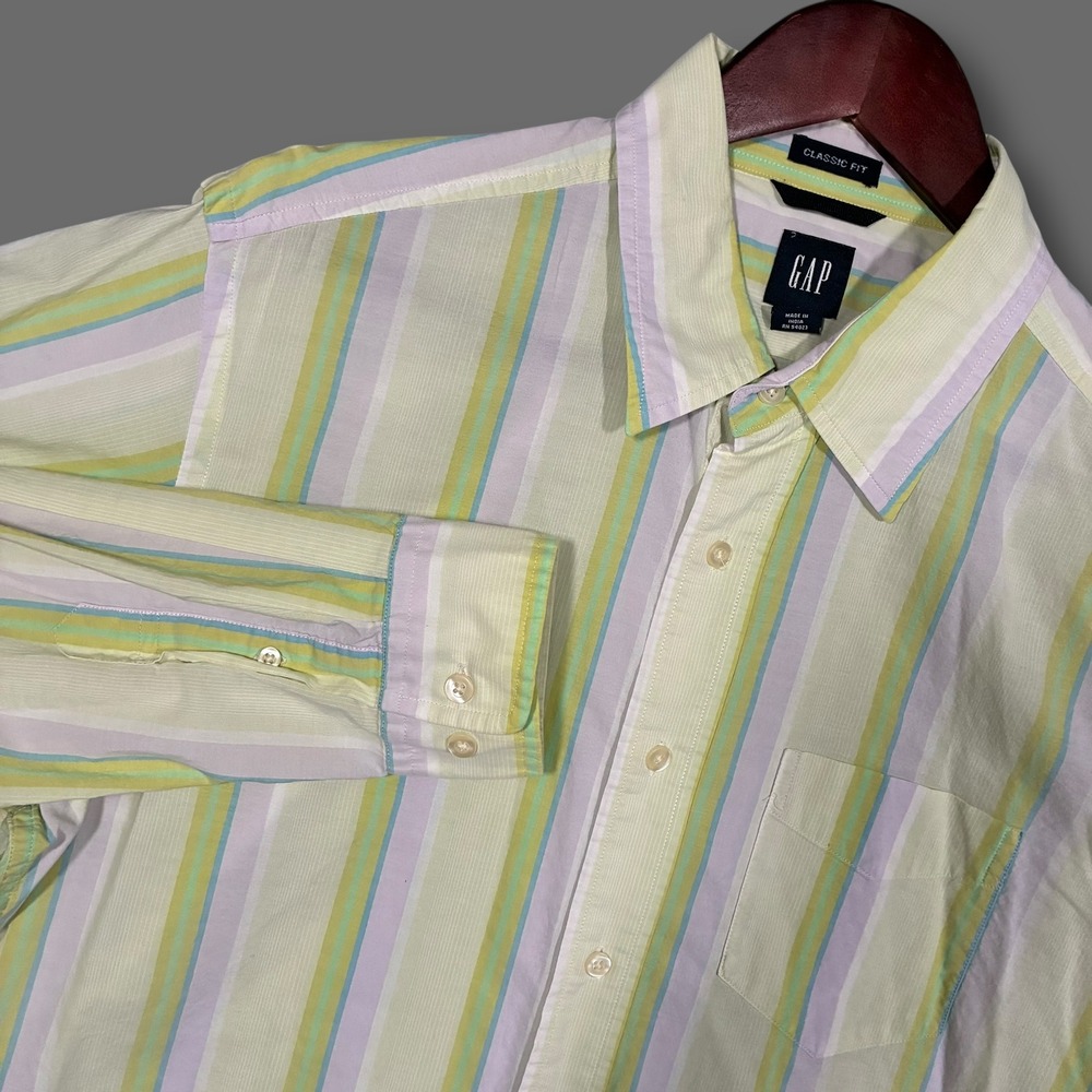 VTG Y2K‎ GAP Classic Fit Striped Long Sleeve Button Down Shirt Mens L Yellow